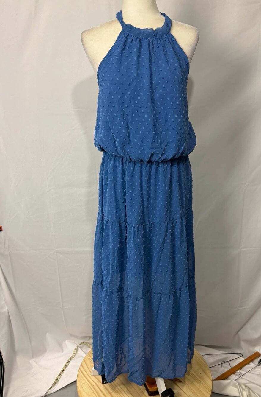 Prettygarden Blue Halter Neck Sleeveless Maxi Dress Elastic Waist Sz Large